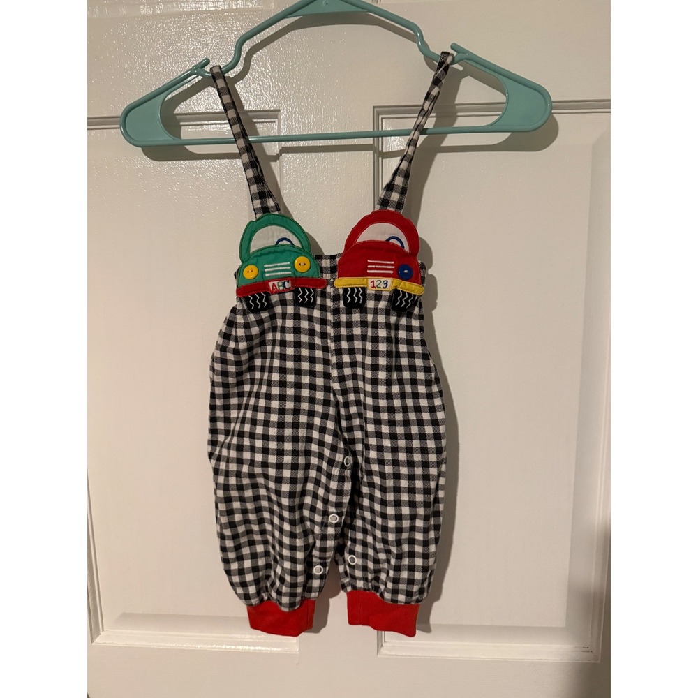 Vintage Taff Originals Gingham Overalls 18 Months Car Applique Kids Toddler